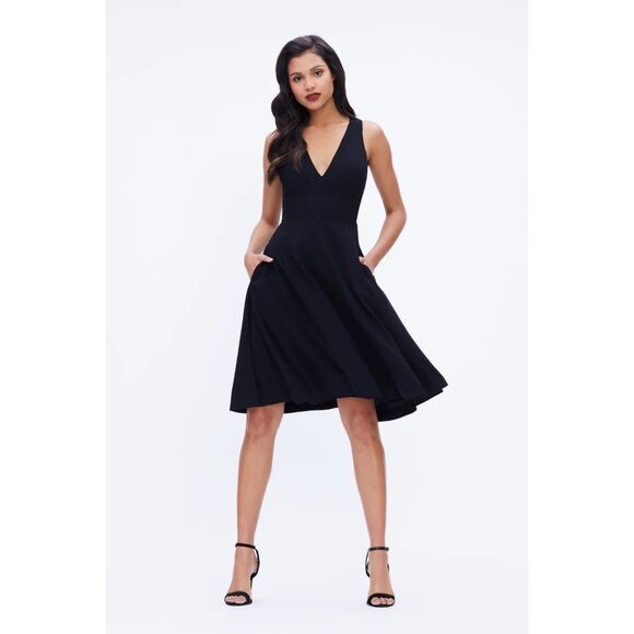 Dress the Population Dresses & Skirts - Dress the Population Catalina Black Sleeveless Dress Midi V-Neck Fit Flare Med